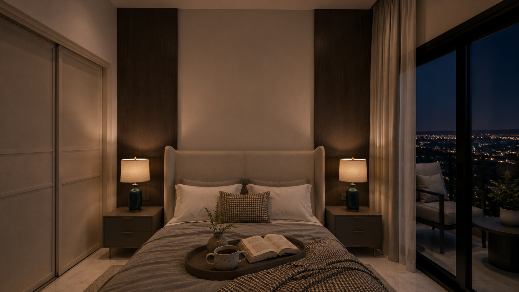 The Summit penthouse master bedroom, night